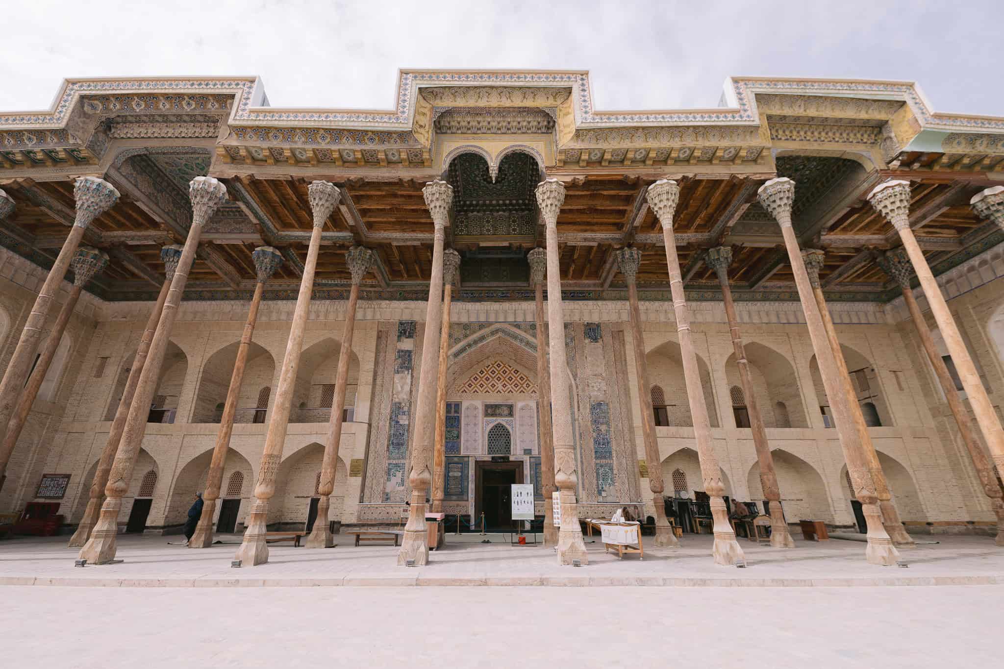 Bolo Haouz Mosque wooden columns and painted ceiling in Bukhara, Uzbekistan – Silk Road architecture