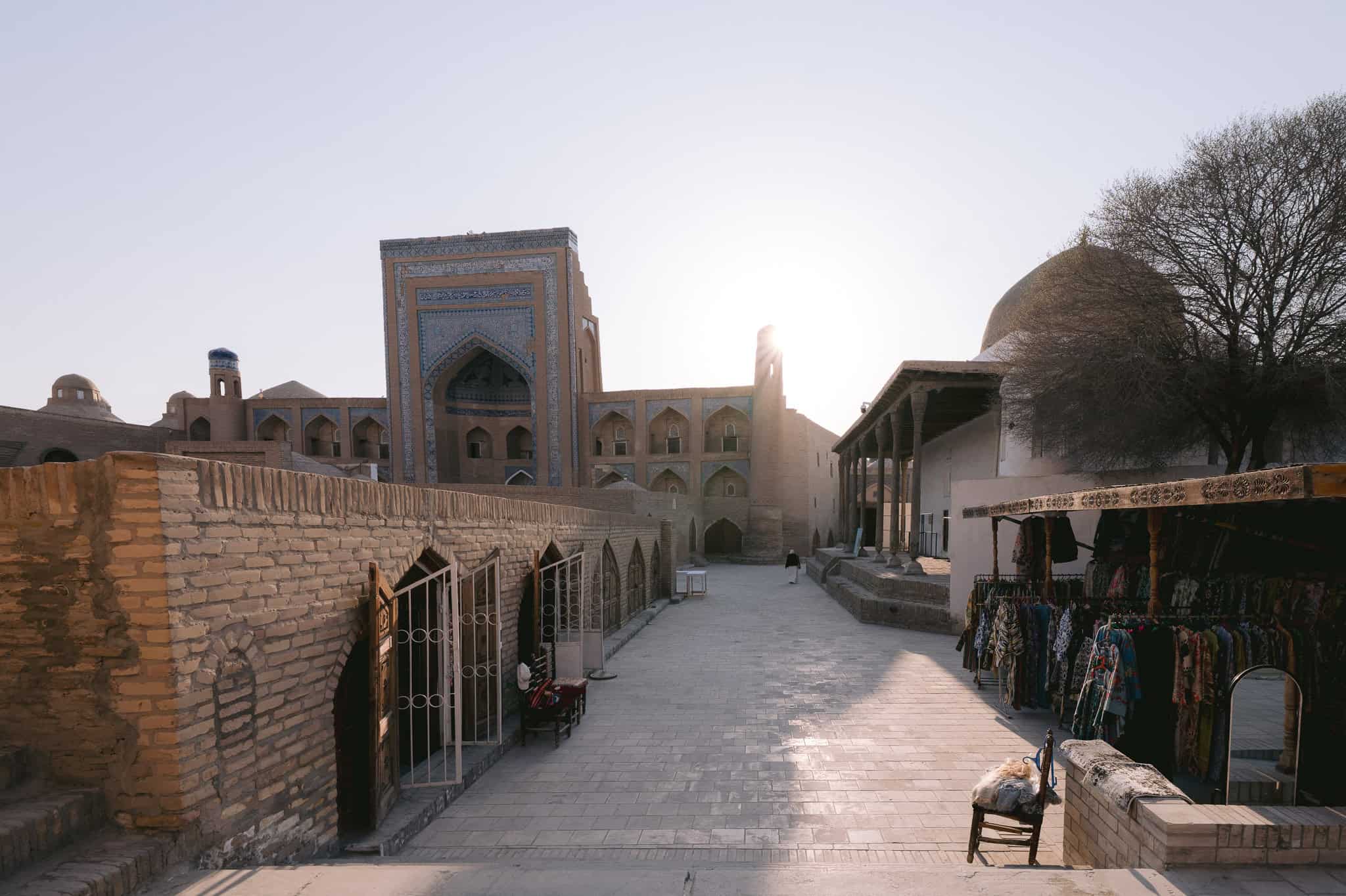 Morning light over Khiva old town, Uzbekistan with mud-brick walls and Silk Road architecture.