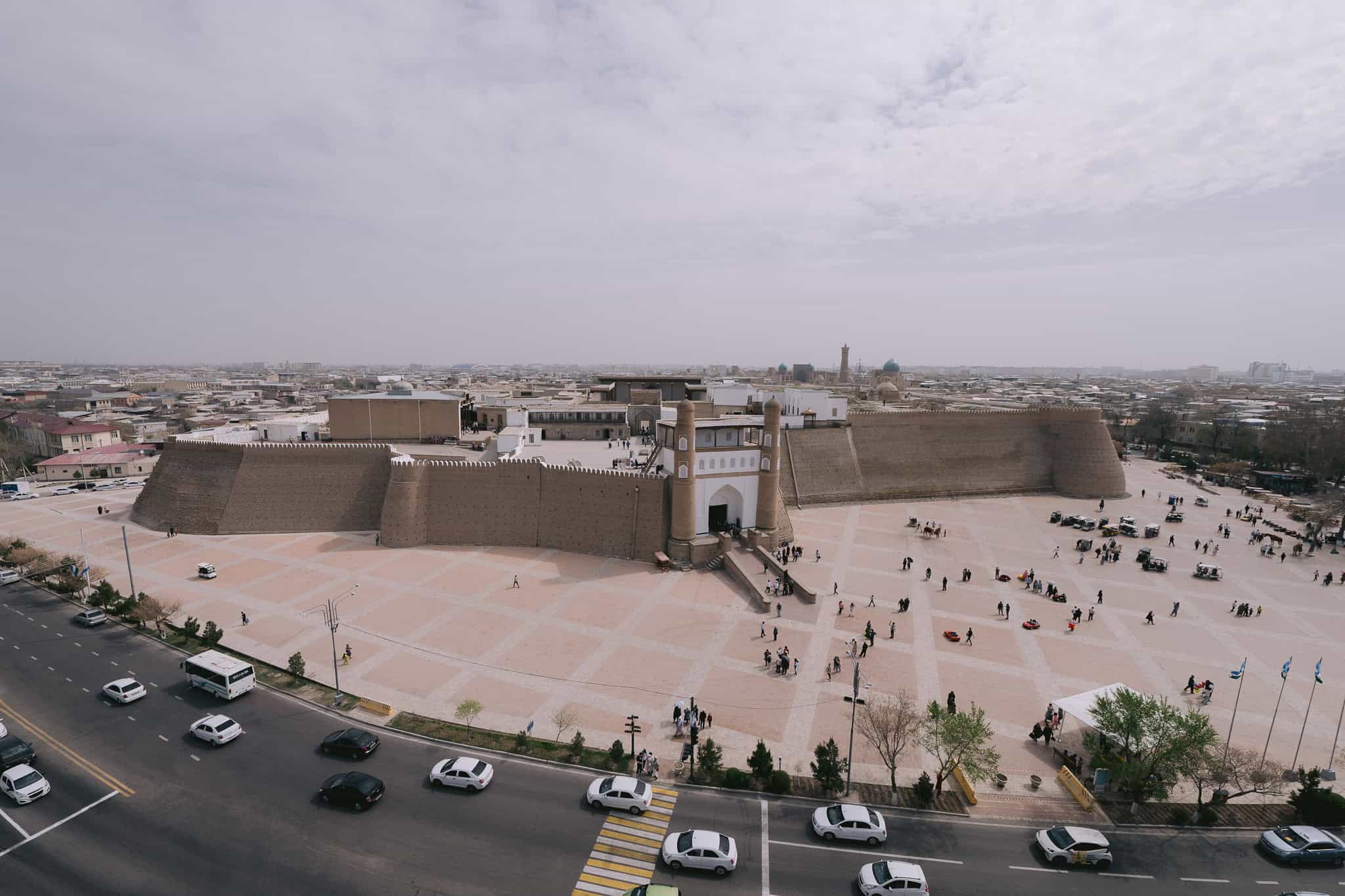Aerial view of Ark Fortress in Bukhara overlooking the historic Silk Road city in Uzbekistan